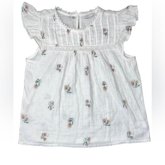 Lucky Brand White Floral Mix Ruffle Cap Sleeve Top Small Boho Dainty Feminine - Picture 1 of 10